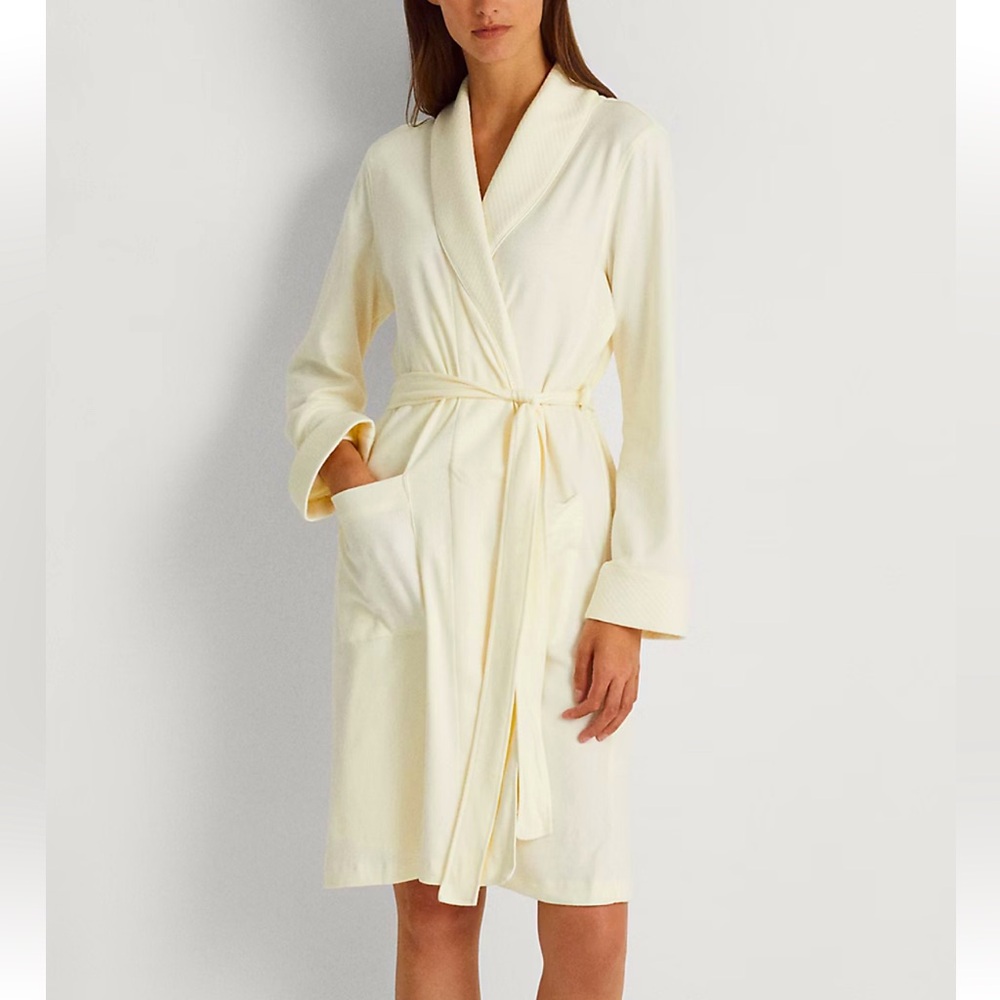 Ralph Lauren WHITE FLANNEL ROBE M Ribbed Shawl Collar Cream Mongram Cotton, Belt